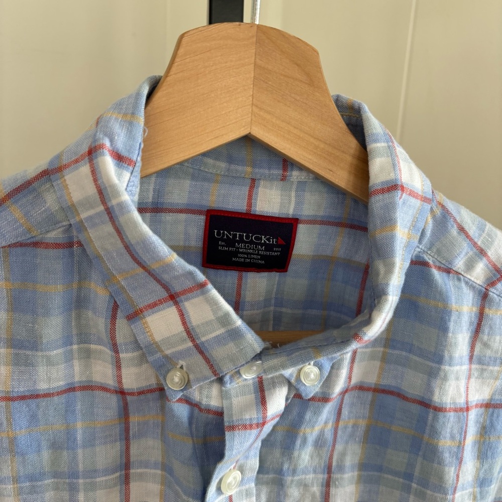 UNTUCKit Linen Blue Plaid Short Sleeve Button Wrinkle Resistant Shirt Men’s M